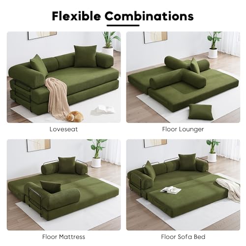 Convertible Sleeper Sofa Bed with Cylindrical Pillow, Corduroy Folding Mattress Couch with Fixed-Shape Frame, Floor Sofa Lounge Couch for Living Room Bedroom Lounge Studio-Green