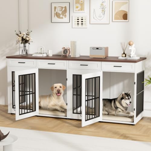 87" Dog Crate Furniture for 2 Dogs, Double Dog Cage Furniture, White, view 2