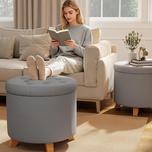 Round Storage Ottoman,Gray | Foot Stool Ottomans with Lids for Living Room,Bedroom,Entryway