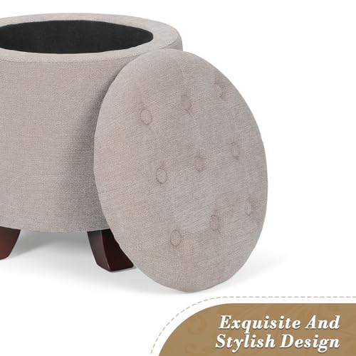 15 Inch Small Ottoman with Storage, Round Linen Fabric Storage Ottoman Foot Rest with Removable Lid, Multipurpose Footstool Footrest for Living Room, Bedroom, Dorm, Khaki