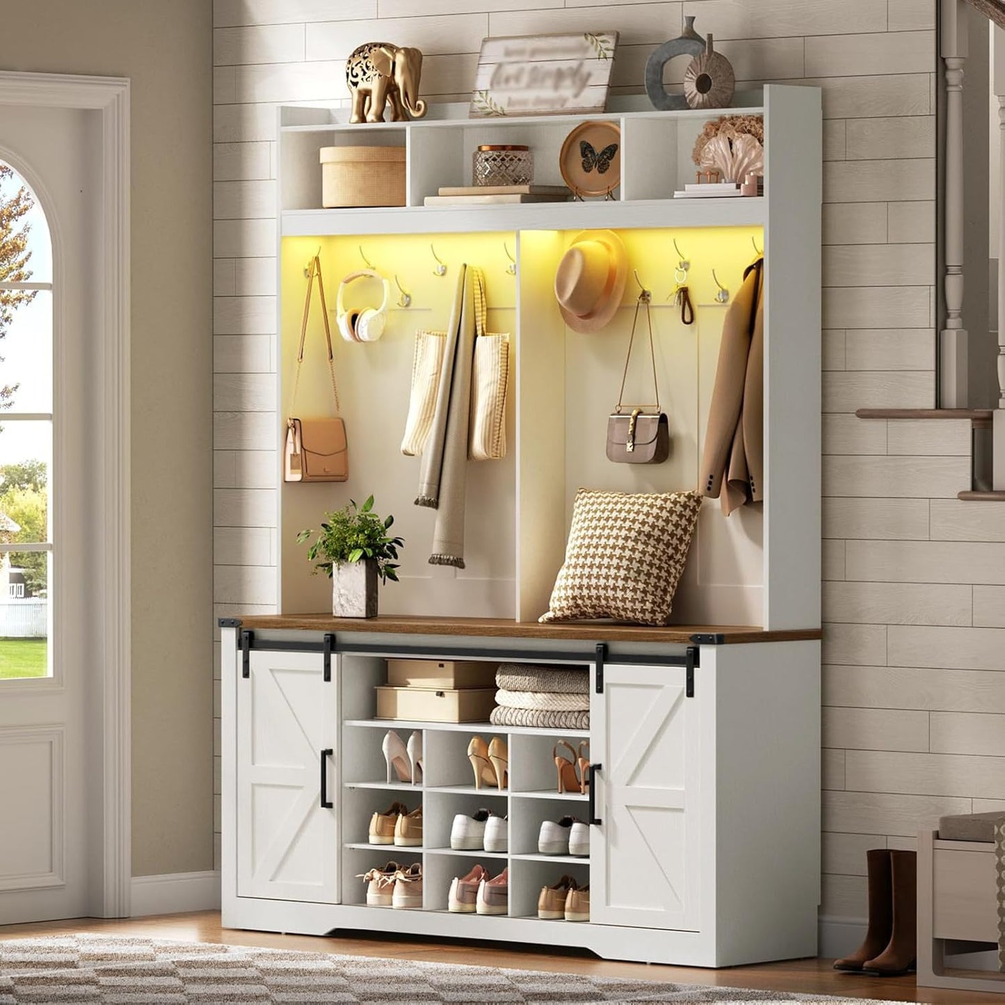 58" Farmhouse Hall Tree with Bench and Shoe Storage, 5-In-1 Entryway Bench with Coat Rack, 9 Shoe Cubbies & 12 Hooks, Led Lights and Adjustable Shelves & Barn Doors, Entryway Storage, White and Walnut