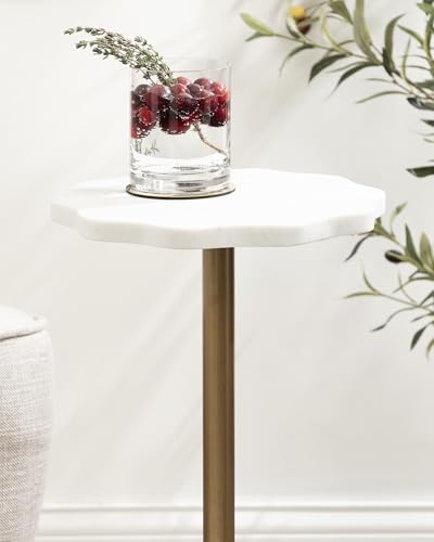 Sanzo Modern Pedestal Drink Table; 10 x 10 x 23; Antique Brass and White; Decorative End Table with Scalloped Marble Tabletop for Use as Small Plant Stand or Cute Martini Table