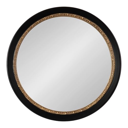 Wildomar Decorative Ornate Round Mirror, 26 Inch Diameter, Black, Traditional Ornate Circle Mirror with Carved Detail Design for Bathroom Mirror for Over Sink