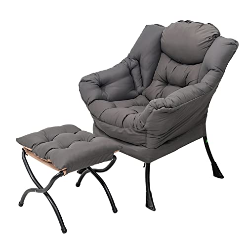 Lazy Chair with Ottoman, Lounge Accent Arm Chair with Armrests, Side Pocket and Footrest, Leisure Upholstered Sofa Reading Chair with Footstool for Living Room Bedroom, Dark Grey