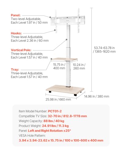 Rolling TV Stand, Mobile TV Cart for 32-70 Inch Screens, 25° Left-Right Rotation and Height Adjustable TV Mount with Tray, Holds up to 88 lbs for Corner, Bedroom, Outdoor, Max VESA 600x400mm