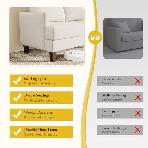 3 Seater Sofa Couch with Deep Seats, 89" Mid Century Modern Upholstered Sofa, Comfy Sofas with Armrests, Couches for Living Room, Bedroom, Apartment and Office (Beige)