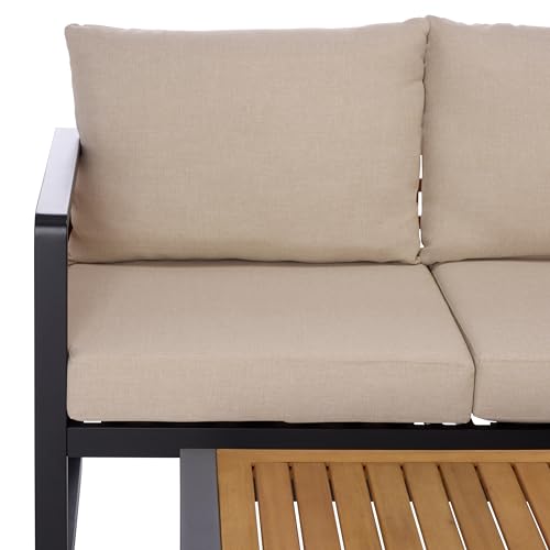 SAFAVIEH Outdoor Patio Furniture Collection - Baker Corner Set, Black & Taupe, Steel Frame with Acacia Wood Accents, Cushioned Modern Sectional Sofa with Table for Patio, Deck, or Backyard (PAT7757A)