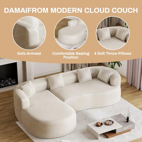 111" Oversized Sectional Sofa with Left-Facing Chaise for Living Room, Modern Luxury Chenille 4-Seater Couch Extra Deep Seat L-Shape Curved Cloud Couch with 4 Throw Pillows, White