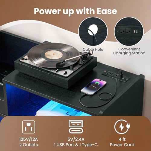 Large Record Player Stand with LED Light & Sliding Door, Black, view 8