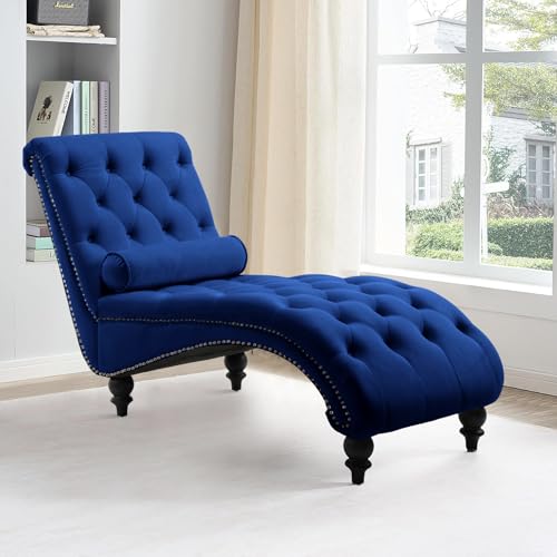 61" Velvet Tufted Chaise Lounge, Upholstered Sofa Chair with Wood Legs Blue, view 7