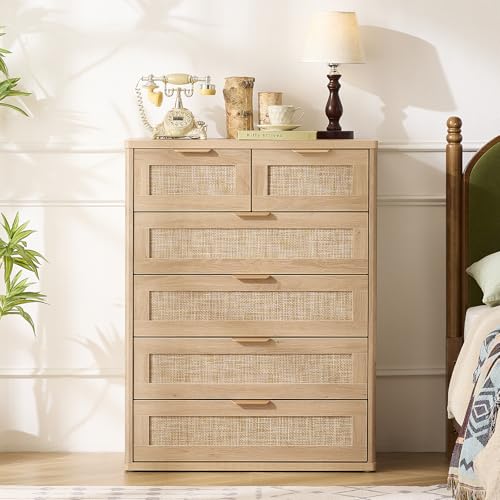 Rattan Dresser for Bedroom, 41" Tall Chest of Drawers, Modern 6 Drawers Boho Dressers with Storage, Light Oak Dresser Wooden Closet Organizer for Living Room, Hallway, Natural Wood