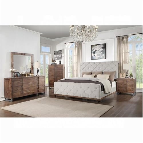 Rectangular Beveled Bedroom Mirror, 39" H x 44" W, Acacia Wood, Reclaimed Oak Finish, Transitional Style, Durable Vanity or Wall Mirror for Bedroom Decor