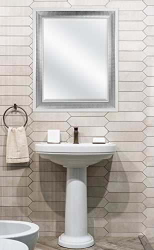 28.5x34.5 Large Wall Mirror, White Frame with Woven Silver Detail & Beveled Detail Mirror, Vertical & Horizontal Wall Hanging Mirror for Bathroom, Bedroom & Livingroom
