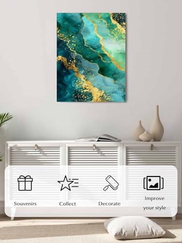 NuYeBiofx Abstract Turquoise Marble Texture Canvas Wall Art Prints,48"x32" Framed Picture Artwork Gold Line Stone Style Printed Canvas Oil Painting for Living Room Bedroom Office,Ready to Hang