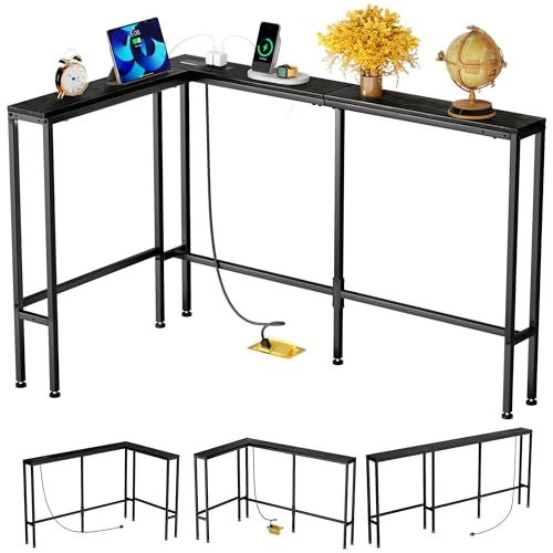 L Shaped 78" Narrow Console Sofa Table with Built-in Power Strip (2 AC Outlets & 2 USB Ports) – 4.9ft Power Cord, Metal Frame, Easy Assembly, Ideal for Behind Couch, Hallway (Black, 78IN)