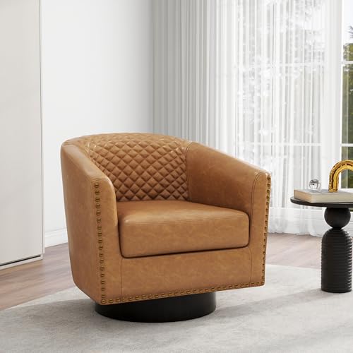 Swivel Barrel Accent Chair, Comfy Modern Upholstered Round Faux Leather Arm Chair for Living Room, Bedroom(Coffee, Set of 2
