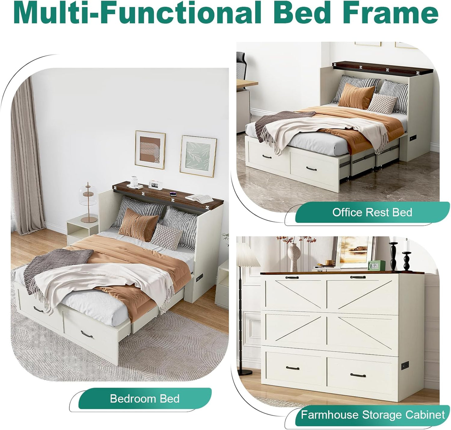 Queen Size Murphy Chest Bed with Drawer and Charging Station, Farmhouse Wood Space-Saving Hidden Folding Bed Chest, Multifunctional Storage Cabinet Beds for Bedroom, Office, Rustic White