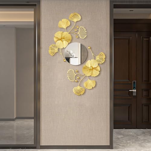 Gold metal ginkgo leaf decorative wall mirrors, 3 pieces, view 2