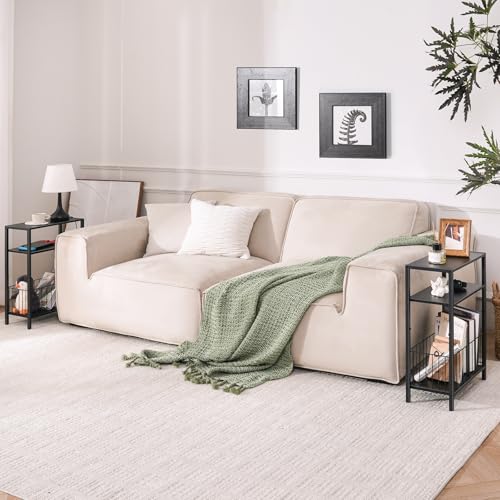 Narrow Side Table with Storage Basket, Small End Table for Small Spaces, Skinny Side Tables Living Room Bedroom Office, Slim Nightstand 3 Tier Bedside Table Space-Saving for Magazine, Black