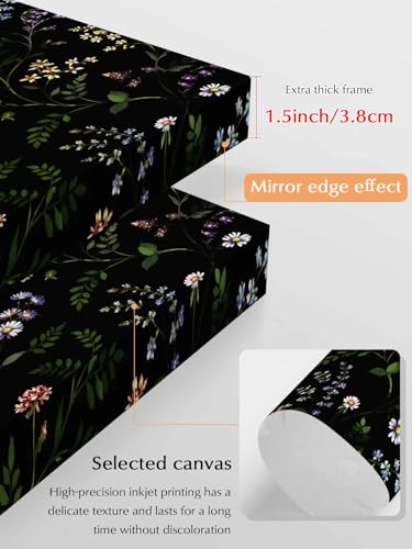 NuYeBiofx Dark Watercolor Blossom Flower Canvas Wall Art Prints,48"x32" Framed Picture Artwork Rustic Floral Leaves on Black Printed Canvas Oil Painting for Living Room Bedroom Office,Ready to Hang