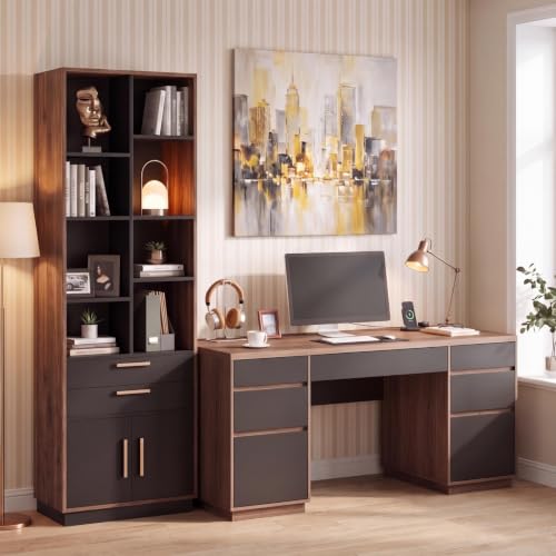 63'' Wood Executive Desk with 7 Drawers, Tall Bookcase, 8 Storage Cubes, view 2
