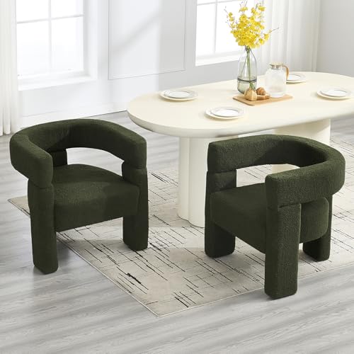 Boucle Sherpa Dining Chairs Set of 4, Comfy Upholstered Side Armchairs Barrel Side Chairs with 3 Legs, Mid Morden Century Dining Room Chairs for Bedroom,Kitchen,Dining,Living,Balcony,Reception, Green