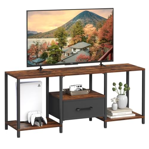 TV Stand with Fabric Drawer for 55 Inch TV, Entertainment Center with Open Shelves, Media TV Console Table for Living Room, Bedroom, Rustic Brown
