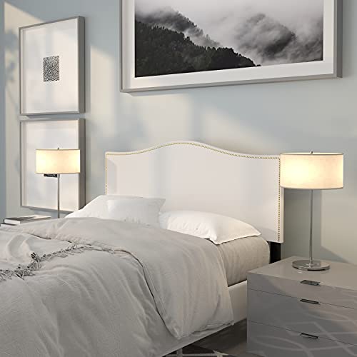 Upholstered Full Size Headboard with Nailtrim in White Fabric, view 2