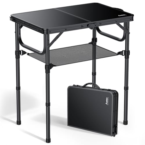 2ft Folding Camping Table with Storage Net, 3 Adjustable Heights Small Folding Table Lightweight & Portable with Carry Handle, for Camping, Fishing, Picnic, Beach, Outdoor, 22.8" x 15.7", Black