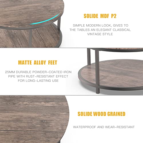 Round Coffee Table, 36” Coffee Table for Living Room, 2-Tier Wood Desktop & Sturdy Metal Legs Table Home Furniture with Storage Shelf (Walnut)
