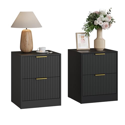 3-Piece Modern Bedroom Furniture Set, Wide 6-Drawer Dresser & 2-Drawer Nightstands Set of 2, Natural Wood Dresser and Nightstand Sets for Bedroom, Hallway, Black