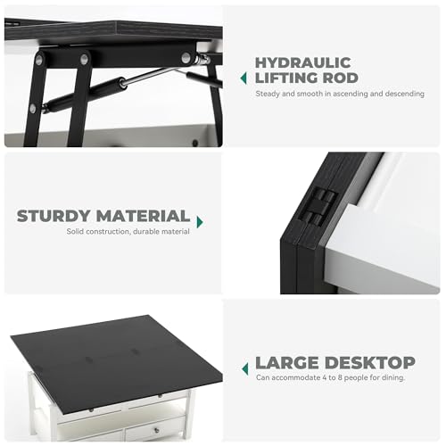 Lift Top Coffee Table, Multi-Functional Convertible Coffee Table with Drawers and Hidden Storage, Dining Table for Living Room, Home Office
