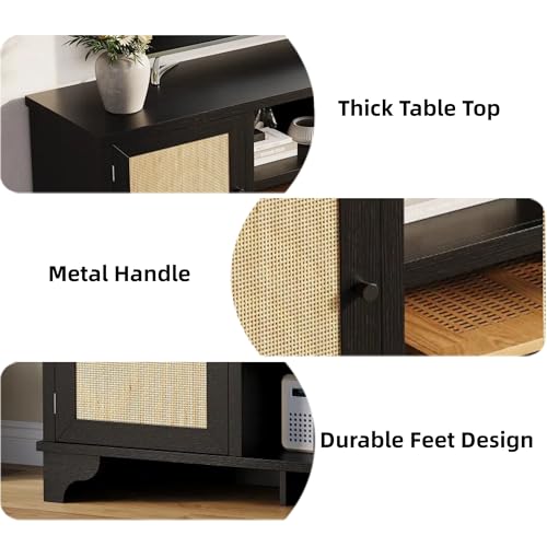 Rattan TV Stand for Living Room, Boho Entertainment Center for 55, 65 in TV, TV Console Cabinet with Storage Shelf, Black