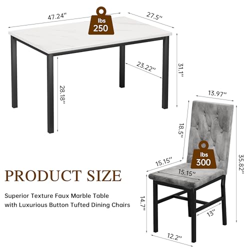 Dining Table Set for 4, Faux Marble Small Kitchen Table Chairs Set of 4 with Luxurious Button Tufted Dinner Chairs for Kitchen and Dining