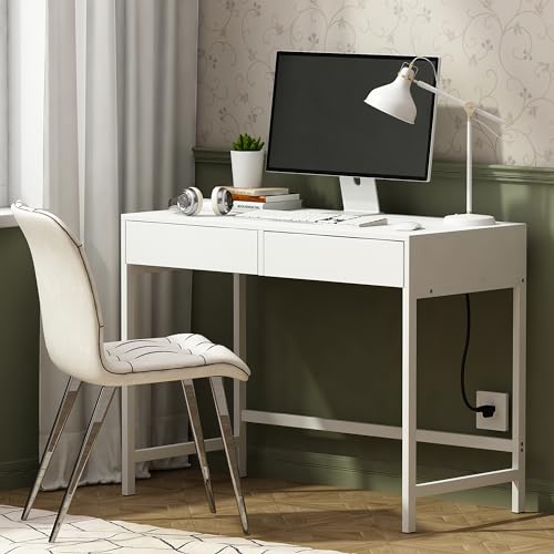 Computer Desk with USB Charging Ports and Power Outlets, Modern Simple 40 inch White Desk with 2 Drawers, Vanity Desk, Makeup Table for Home Office, Bedroom