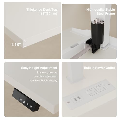 63" Standing Desk with File Cabinet, Privacy Panel, AC/USB, 1.18" Desktop, Executive L Shaped Height Adjustable Desk, Electric Stand Up Table with 3 Drawers, White Rattan