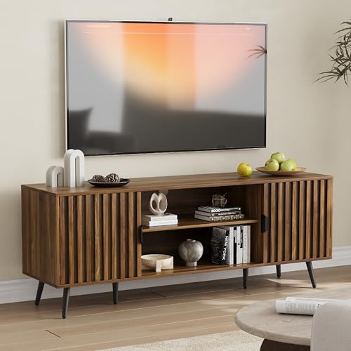 53" Fluted TV Stand with for TVs up to 60 Inch, Entertainment Center with Storage and Adjustable Shelves, Farmhouse Media Console for Living Room, Walnut