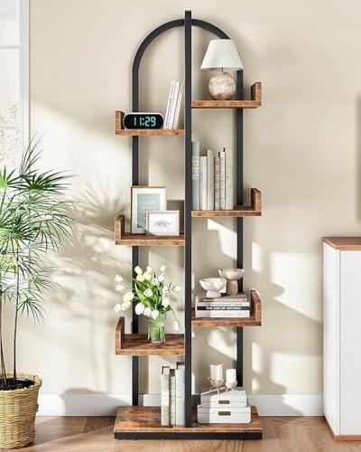 Corner Bookshelf, Curved 6-Tier Bookcase with Anti-Tip Kit, Adjustable Feet and Staggered Shelves for Living Room, Bedroom, Study, Office, Rustic Brown and Black TSJ06BF