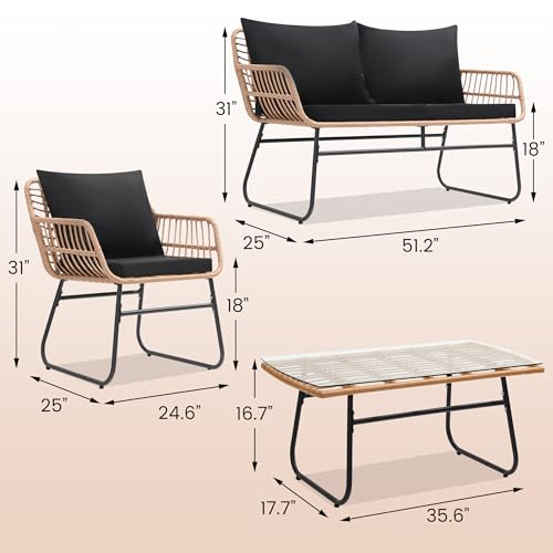 4 Piece Patio Bistro Outdoor Furniture Set, Wicker Sofa, 2 Rattan Chairs and Table, Backyard Conversation Set, Washable Cushions, Natural Rattan Black Cushion