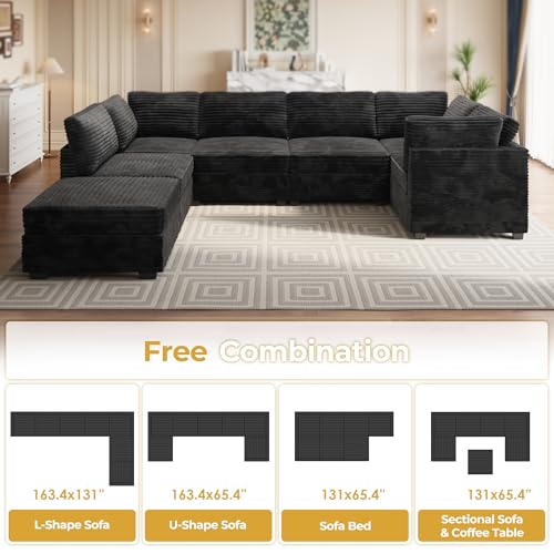 Modular Sectional Sofa,7 Pieces Sectional Couches for Living Room,131X66 U Shaped Cloud Couch with Ottoman Chaise Set(Black Velvet Corduroy)
