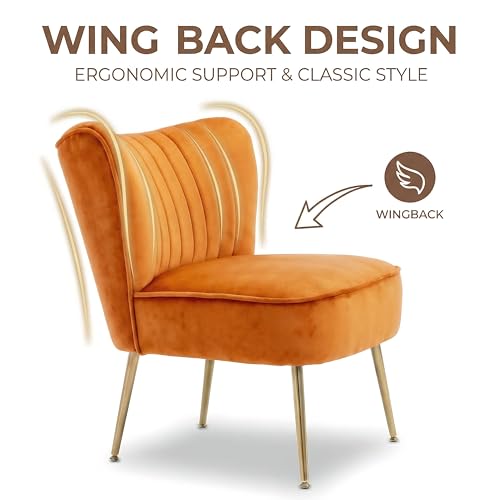 Modern Accent Chair Set of 2 Velvet Slipper Chair with Gold Legs Wingback Side Chair for Living Room Bedroom Entryway Small Corner Chair for Space Saving, Orange