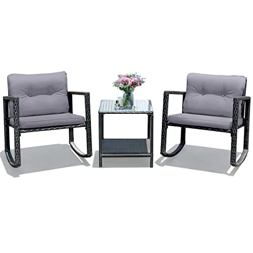 3 Pieces Patio Wicker Rocking Bistro Set, Outdoor Rocking Chair Furniture Set w/Cushioned Seat, Conversation Set w/Glass Coffee Table and Storage Shelf (Gray)