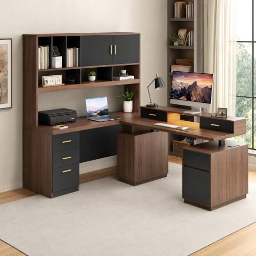 86.6" L Shaped Executive Standing Desk with Hutch and File Cabinet, view 2