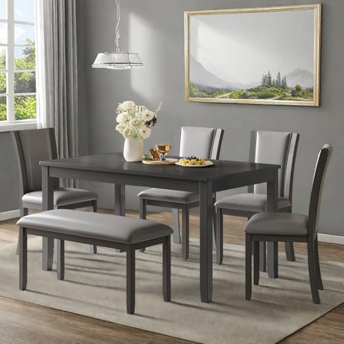 Dining Table Set for 6, Farmhouse 6 Piece Dining Room Table Set with Rectangular Table, 4 Upholstered Backrest Chairs and Bench, Counter Height Kitchen Sets with Warm Woodgrain Finish, Gray