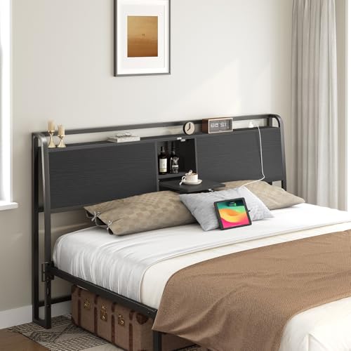 Headboard Queen Size with 2 Power Strips and Flip Door Storage, view 7