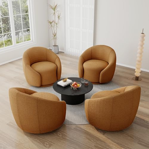 Swivel Barrel Accent Chair, 360° Small Round Sofa Chair, Comfy Modern Reading Armchair for Living Room Bedroom (Boucle Rusted Orange, Set of 1)