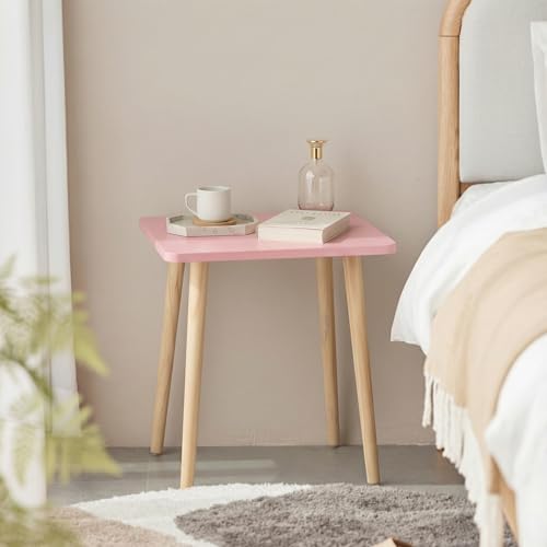 Small Accent Table, Modern Mini Coffee Table with Natural Wood Legs, Quick Assembly End Furniture for Bedroom Living Area Sofa, Minimalist Design for Nuresery and Compact Homes, Pink