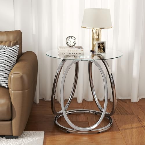 Silver End Table for Living Room, Glass Side Table for Bedroom, Modern Round Glass Nightstand with Metal Frames for Home Office, Chrome Finish, 1 PC