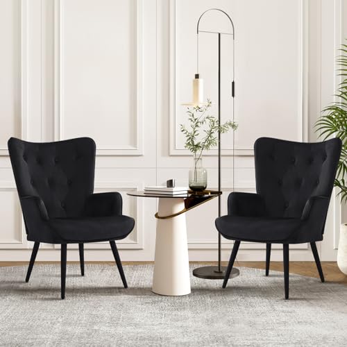 Accent Chairs Set of 2, Black Velvet Reading Armchairs with High Backrest, Wingback Corner Chairs - Mid Century Modern for Living Room, Bedroom, Waiting Room
