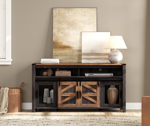 Farmhouse Buffet Cabinet, Rustic Sideboard with Sliding Barn Doors, 59" Coffee Bar Storage Cabinet with Mesh Doors, Cupboard Table for Kitchen, Dining Room, Living Room,Antique Black & Brown